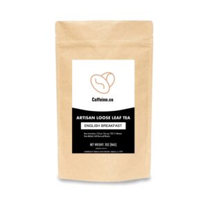 A bag of tea by coffeine.co indicating artisan loose leaf tea with the type written as "english breakfast"